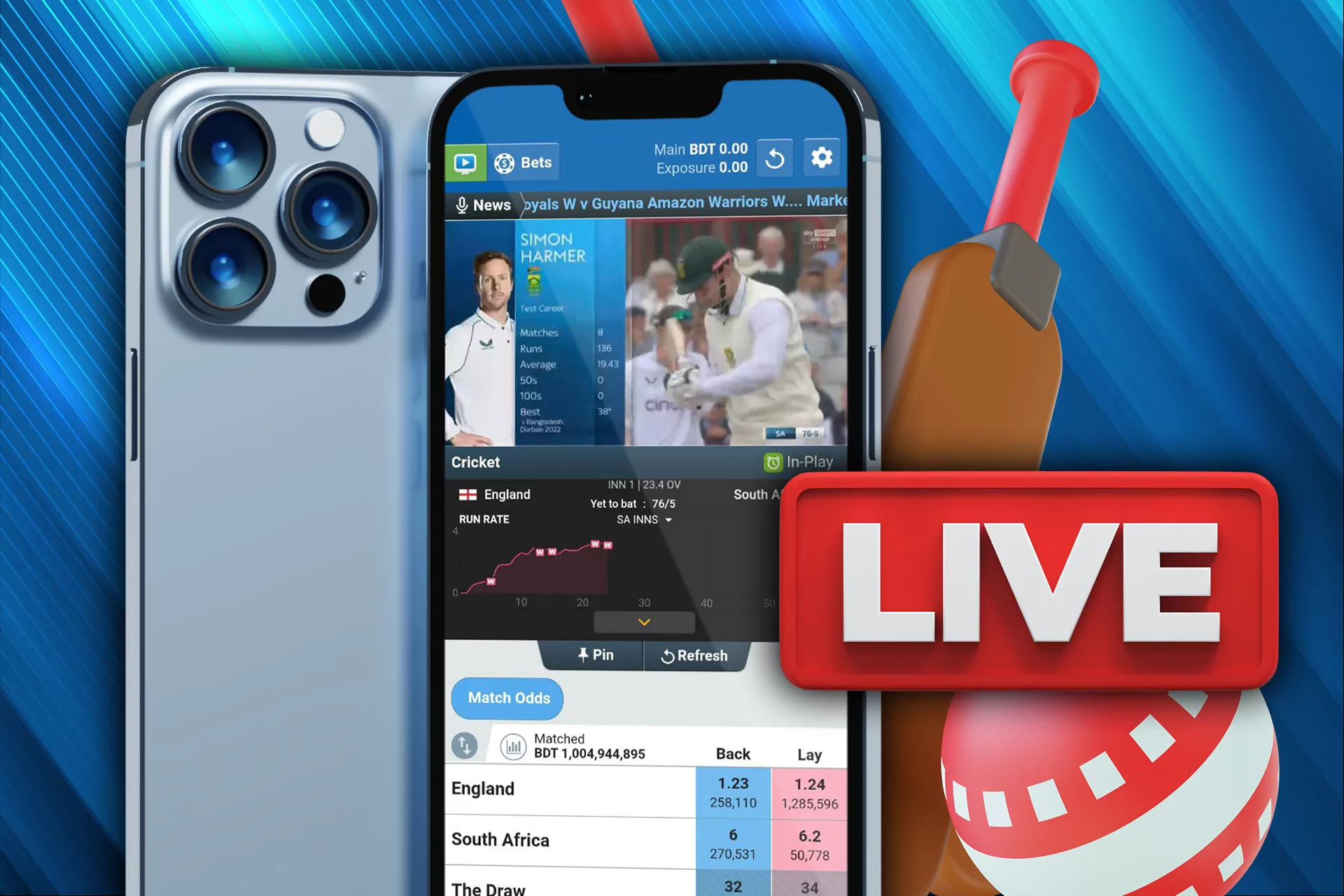 Place bets during the match and watch the streamings in the Crickex app.