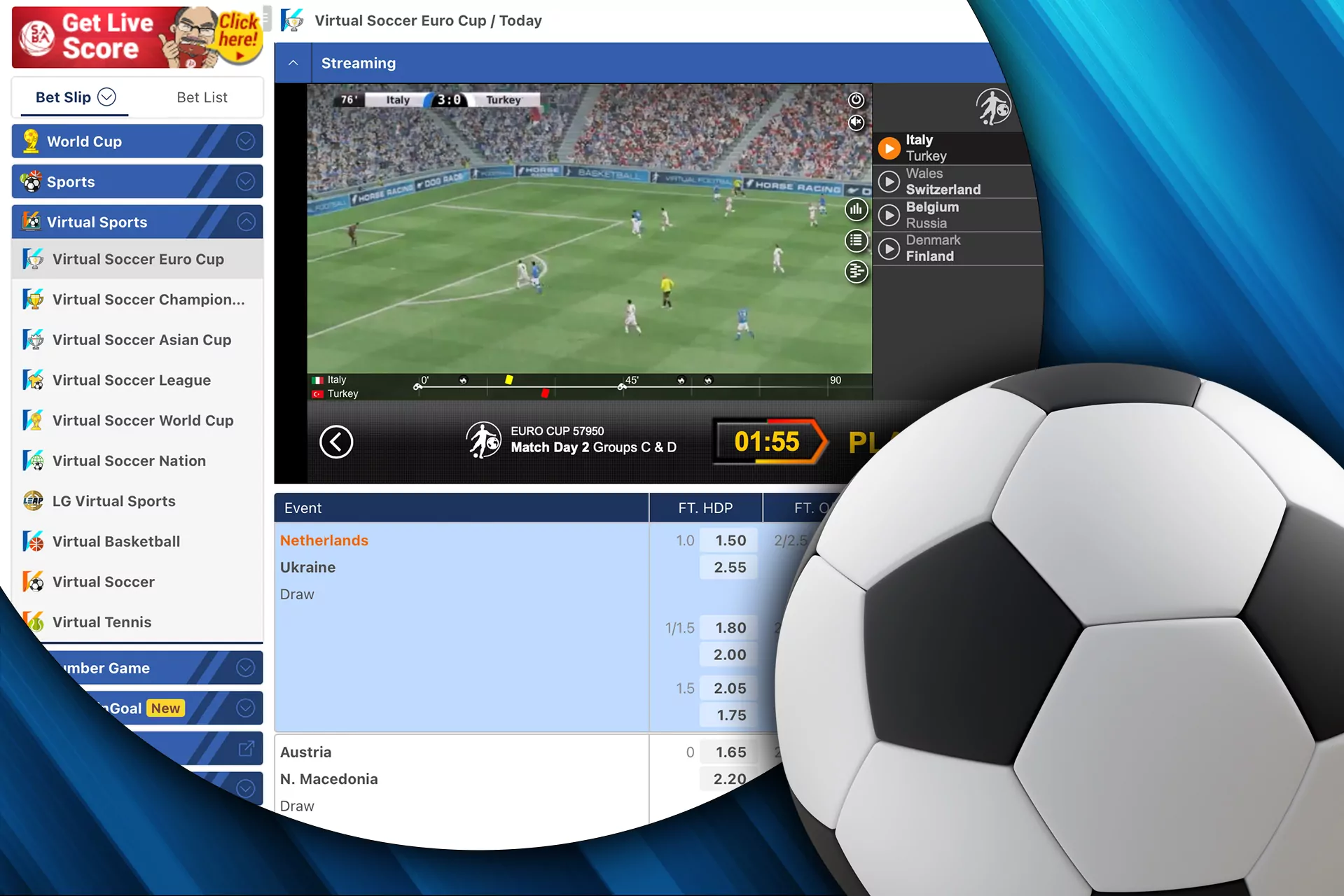 Virtual sports is also available for betting.